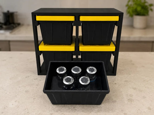 Black and yellow 3D-printed storage rack with four 5-vial totes and five vials shown